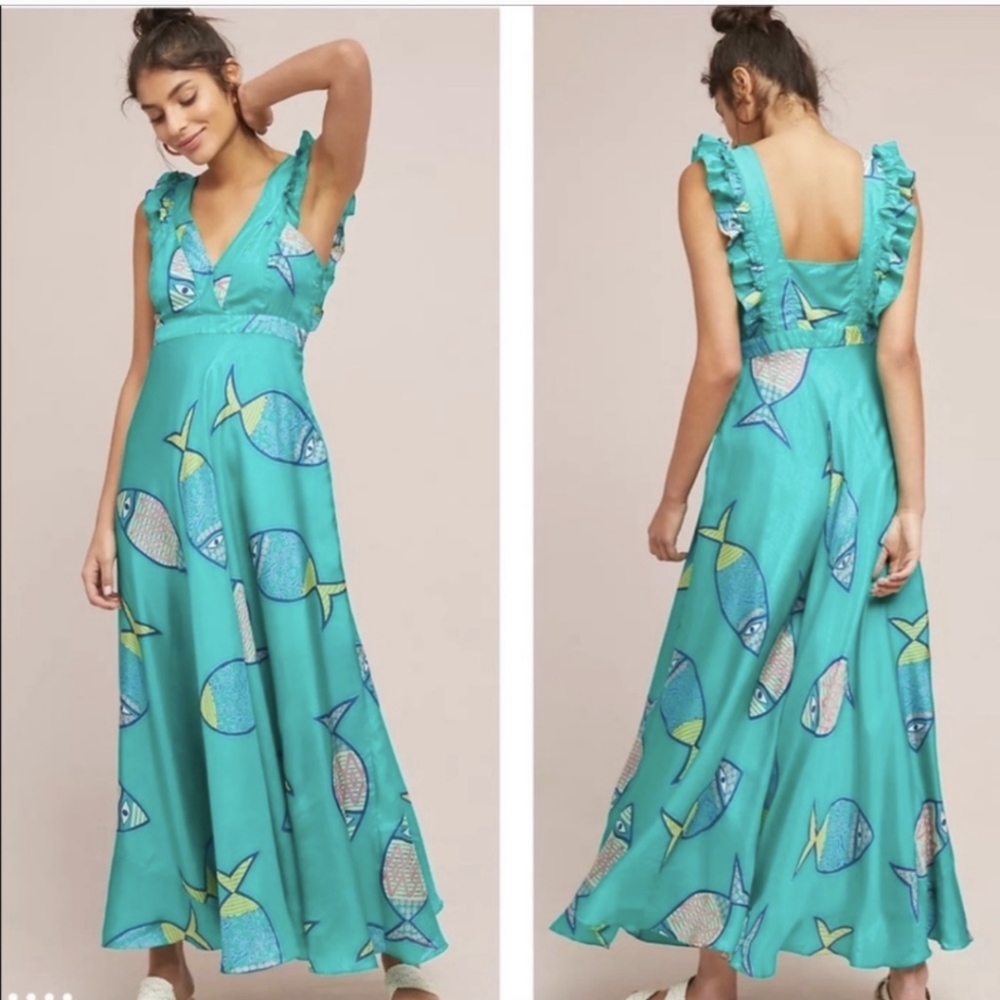 Anthropologie Silk Maxi Dress with Fish Motif